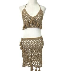 Fashion Nova Crochet Set Tassel Festival Top Mini Skirt Women M